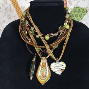 4 Necklaces Glass Pendant Green Brown Organza Ribbon Cord Seed Bead Multi Strand